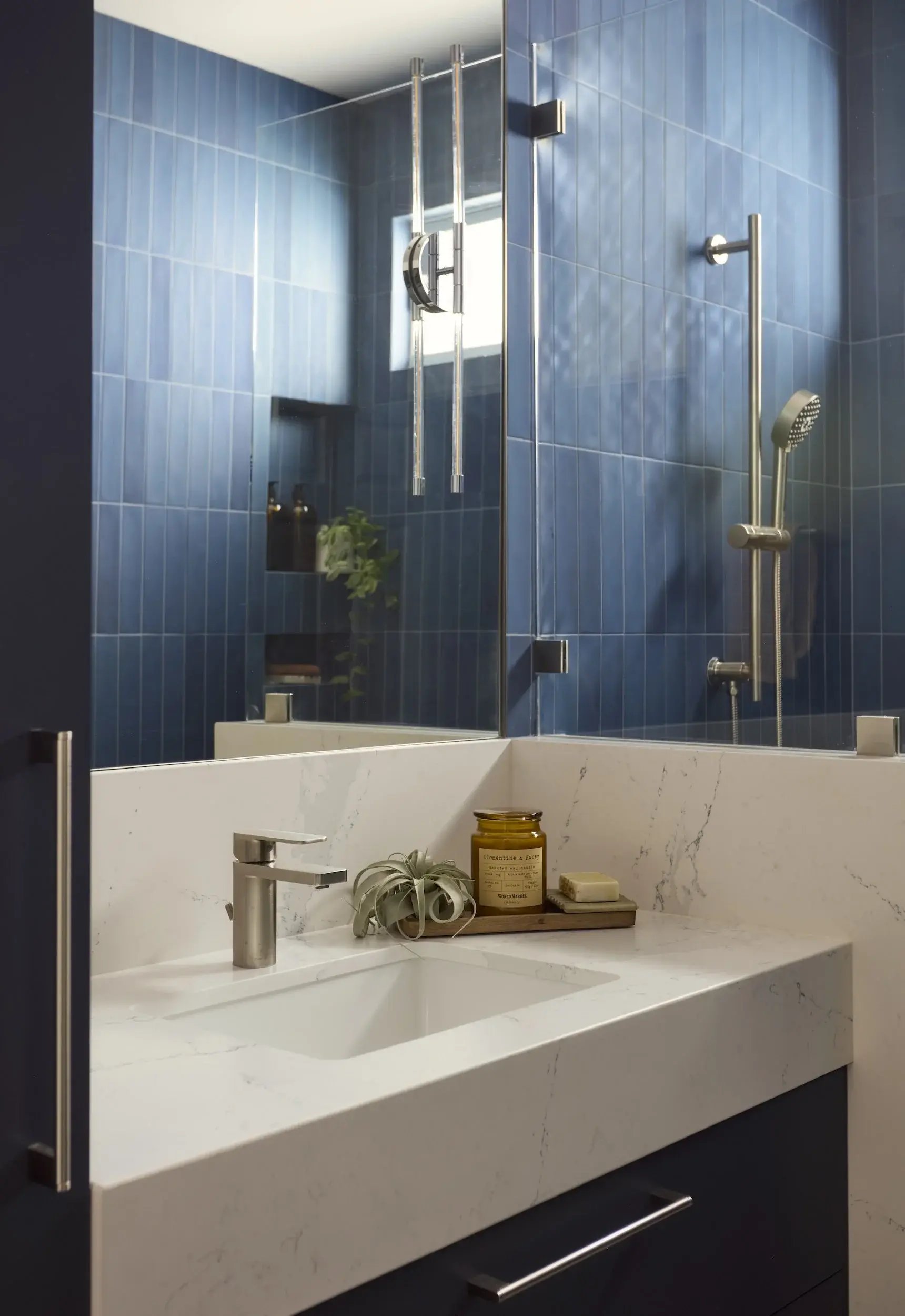 BLUE+CABINETRY+BLUE+TILE+WHITE+COUNTER+VANITY