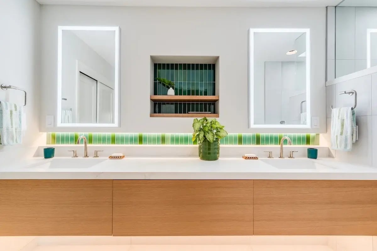 Double+Sink+Main+Bathroom+Floating+White+Rift+Oak+Vanity+with+Green+Accent+Tile