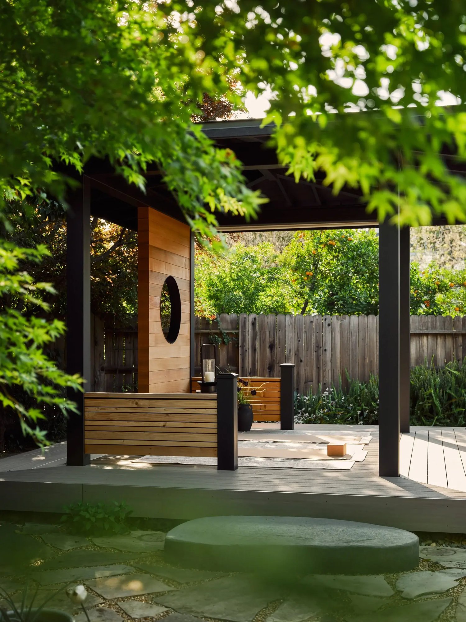 Peaceful Modern Japanese Gazebo With Floating Rock Step In Davis, CA